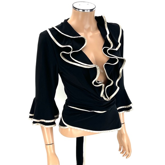 JOSEPH RIBKOFF Flamenco Ruffle Wrap Blouse SIZE 8 Black Ivory Satin Evening Top - Picture 10 of 15